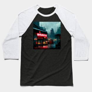 Rainy Ramen Shop - Cyberpunk Cityscape Baseball T-Shirt